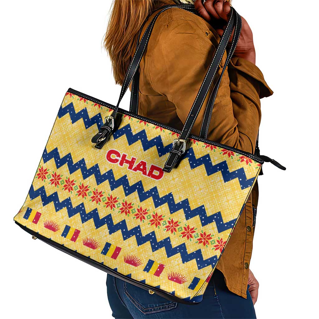 Chad Christmas Leather Tote Bag National Coat of Arms, and Festive Motif - African Pride