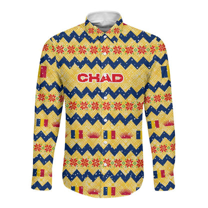 Chad Christmas Long Sleeve Button Shirt National Coat of Arms, and Festive Motif - African Pride