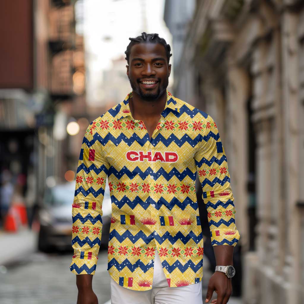 Chad Christmas Long Sleeve Button Shirt National Coat of Arms, and Festive Motif - African Pride