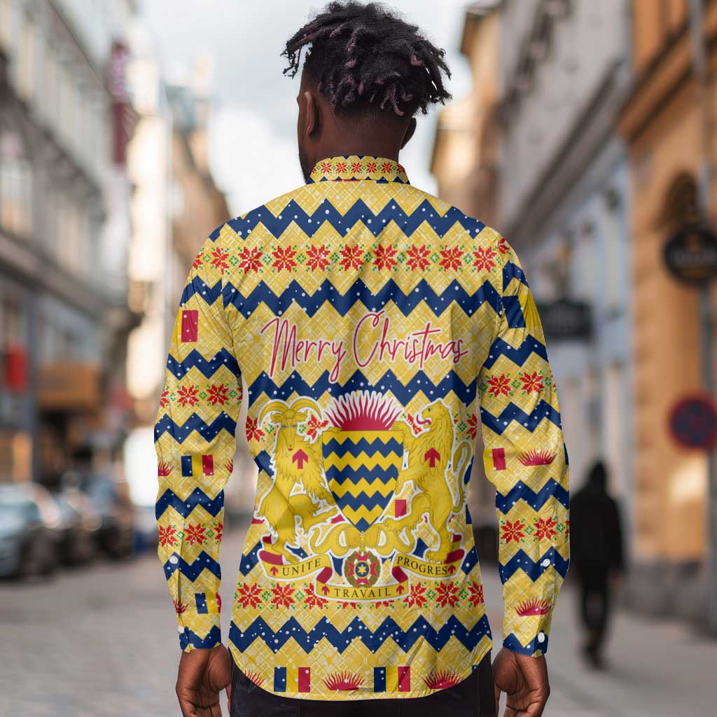 Chad Christmas Long Sleeve Button Shirt National Coat of Arms, and Festive Motif - African Pride