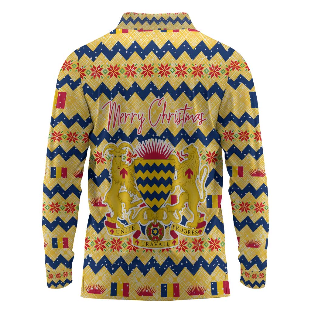 Chad Christmas Long Sleeve Polo Shirt National Coat of Arms, and Festive Motif - African Pride
