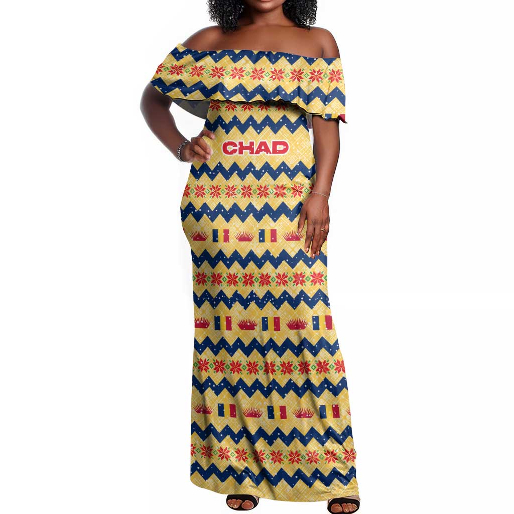 Chad Christmas Off Shoulder Maxi Dress National Coat of Arms, and Festive Motif - African Pride