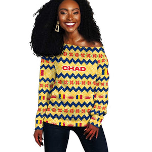 Chad Christmas Off Shoulder Sweater National Coat of Arms, and Festive Motif - African Pride