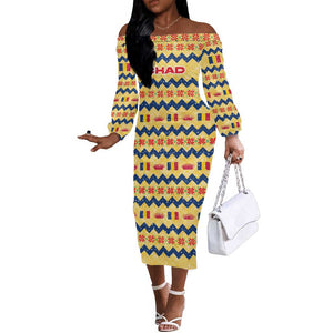 Chad Christmas Off The Shoulder Long Sleeve Dress National Coat of Arms, and Festive Motif - African Pride