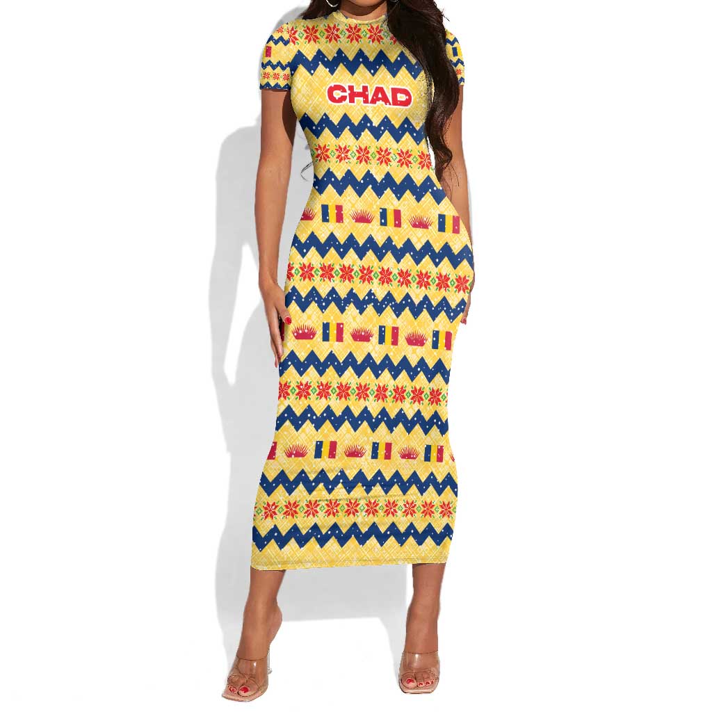 Chad Christmas Short Sleeve Bodycon Dress National Coat of Arms, and Festive Motif - African Pride