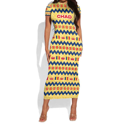 Chad Christmas Short Sleeve Bodycon Dress National Coat of Arms, and Festive Motif - African Pride