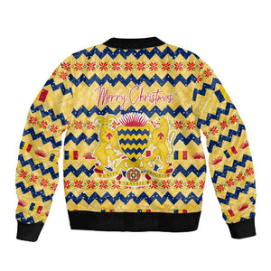 Chad Christmas Sleeve Zip Bomber Jacket National Coat of Arms, and Festive Motif - African Pride