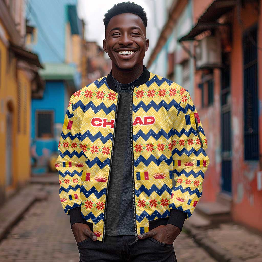Chad Christmas Sleeve Zip Bomber Jacket National Coat of Arms, and Festive Motif - African Pride