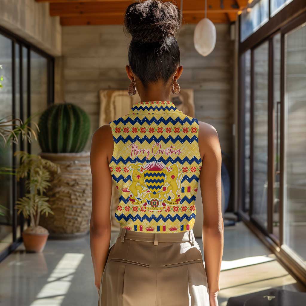 Chad Christmas Women Sleeveless Polo Shirt National Coat of Arms, and Festive Motif - African Pride
