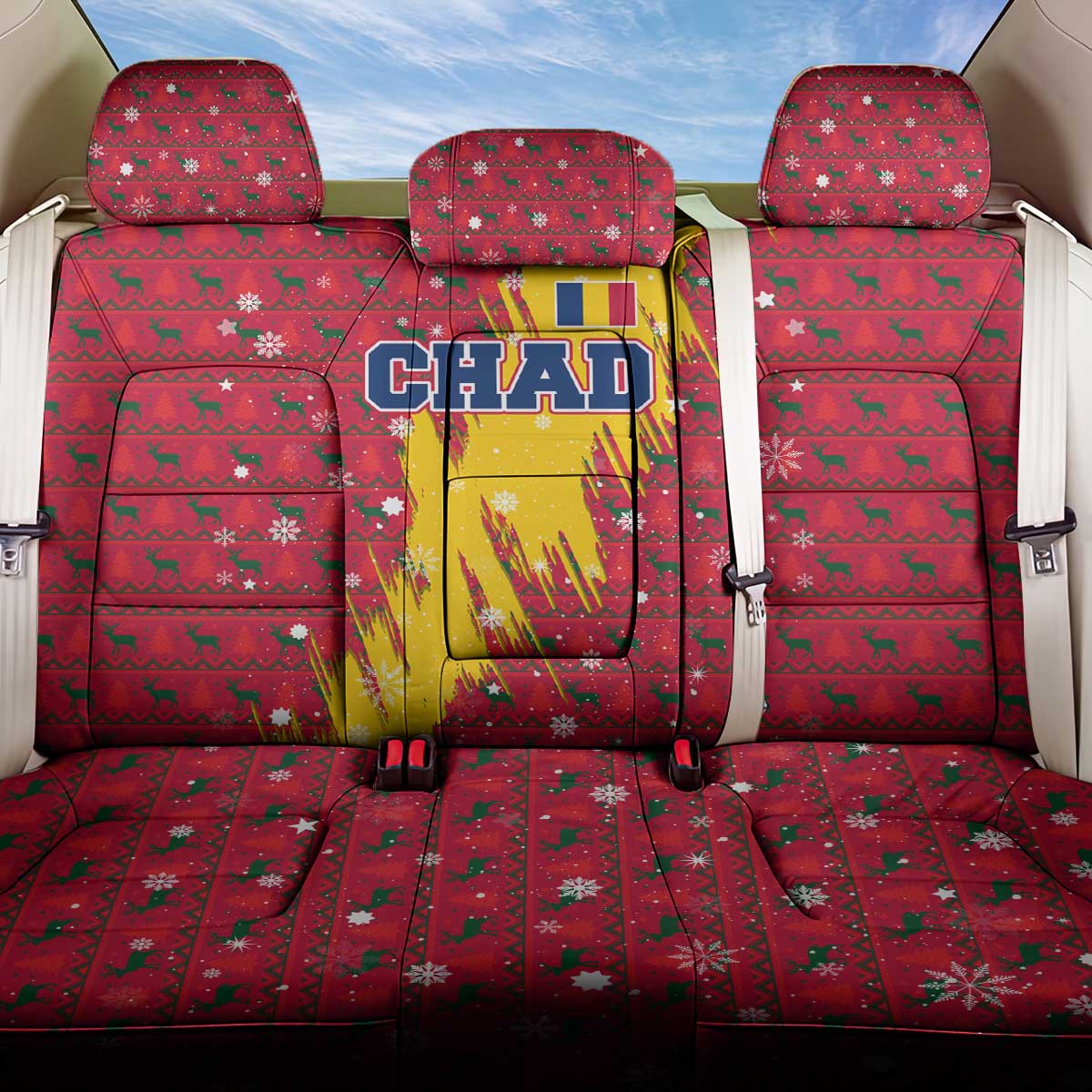 Chad Christmas Back Car Seat Cover National Coat of Arms and Snowflake Accents - African Pride