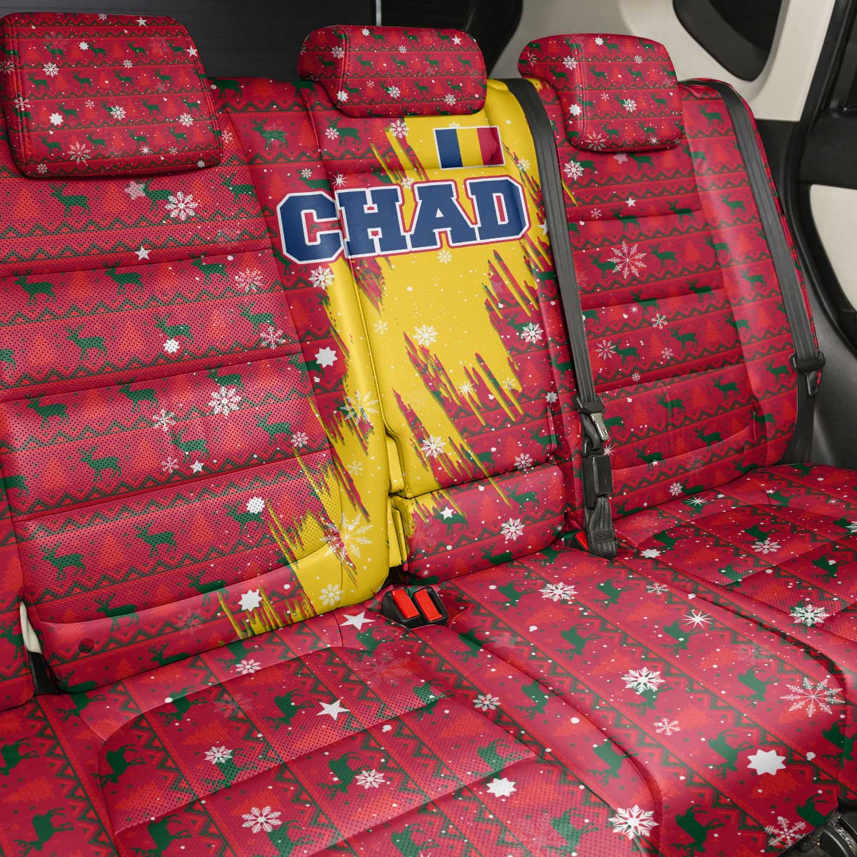 Chad Christmas Back Car Seat Cover National Coat of Arms and Snowflake Accents - African Pride