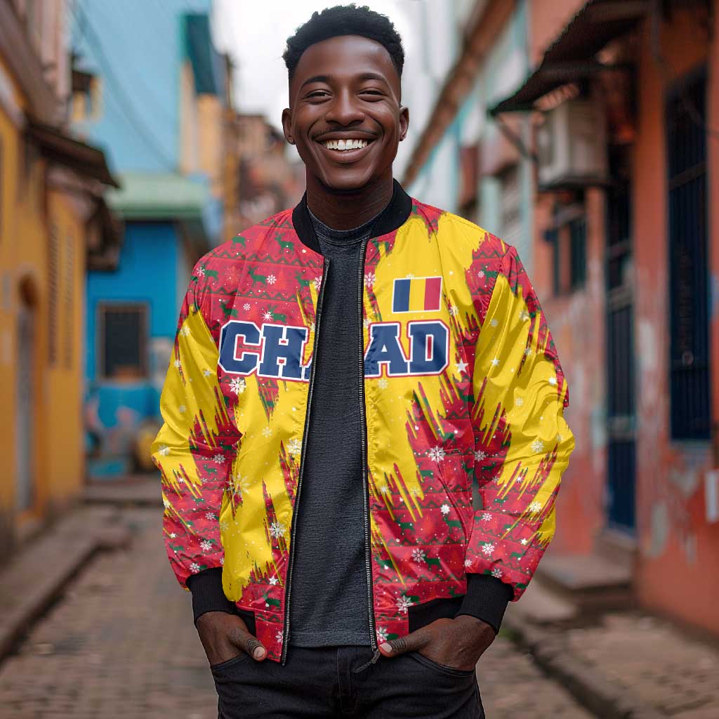 Chad Christmas Bomber Jacket National Coat of Arms and Snowflake Accents - African Pride