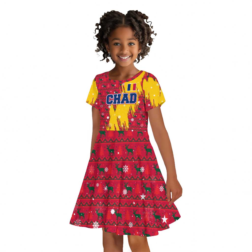 Chad Christmas Kid Short Sleeve Dress National Coat of Arms and Snowflake Accents - African Pride