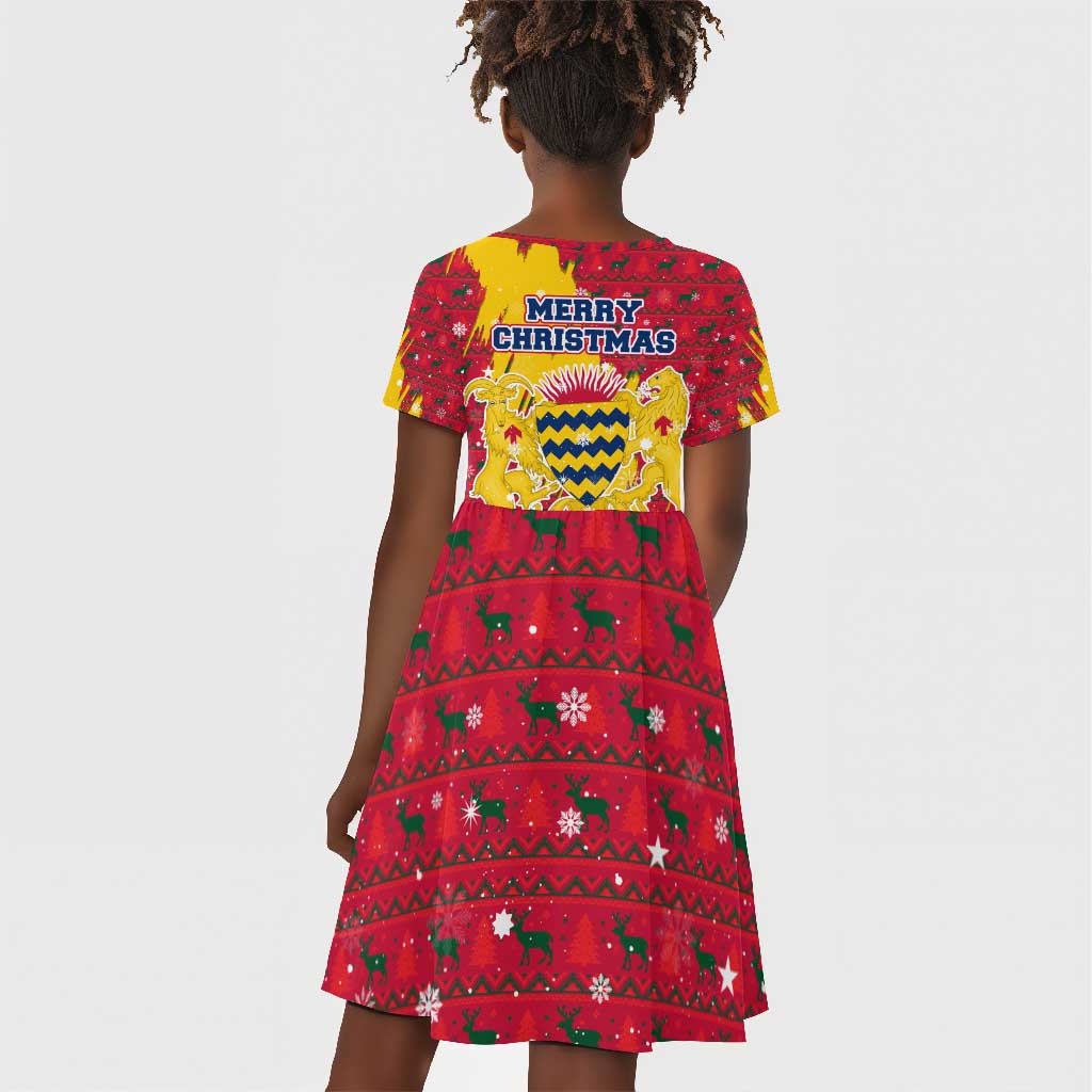 Chad Christmas Kid Short Sleeve Dress National Coat of Arms and Snowflake Accents - African Pride