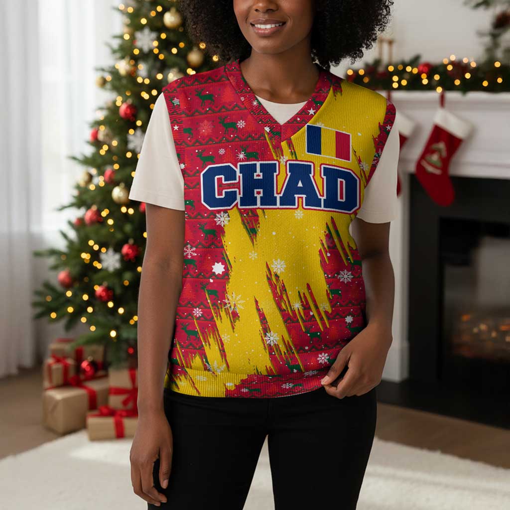 Chad Christmas Knitted V-Neck Vest National Coat of Arms and Snowflake Accents - African Pride