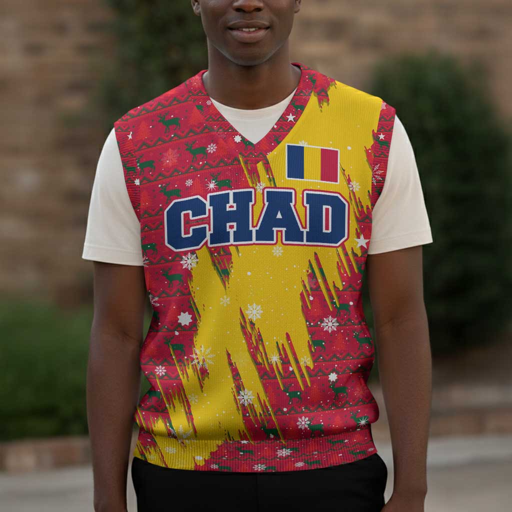 Chad Christmas Knitted V-Neck Vest National Coat of Arms and Snowflake Accents - African Pride