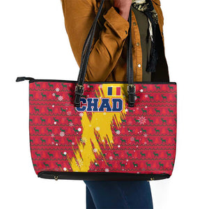Chad Christmas Leather Tote Bag National Coat of Arms and Snowflake Accents - African Pride