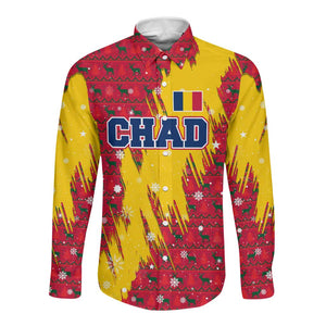 Chad Christmas Long Sleeve Button Shirt National Coat of Arms and Snowflake Accents - African Pride