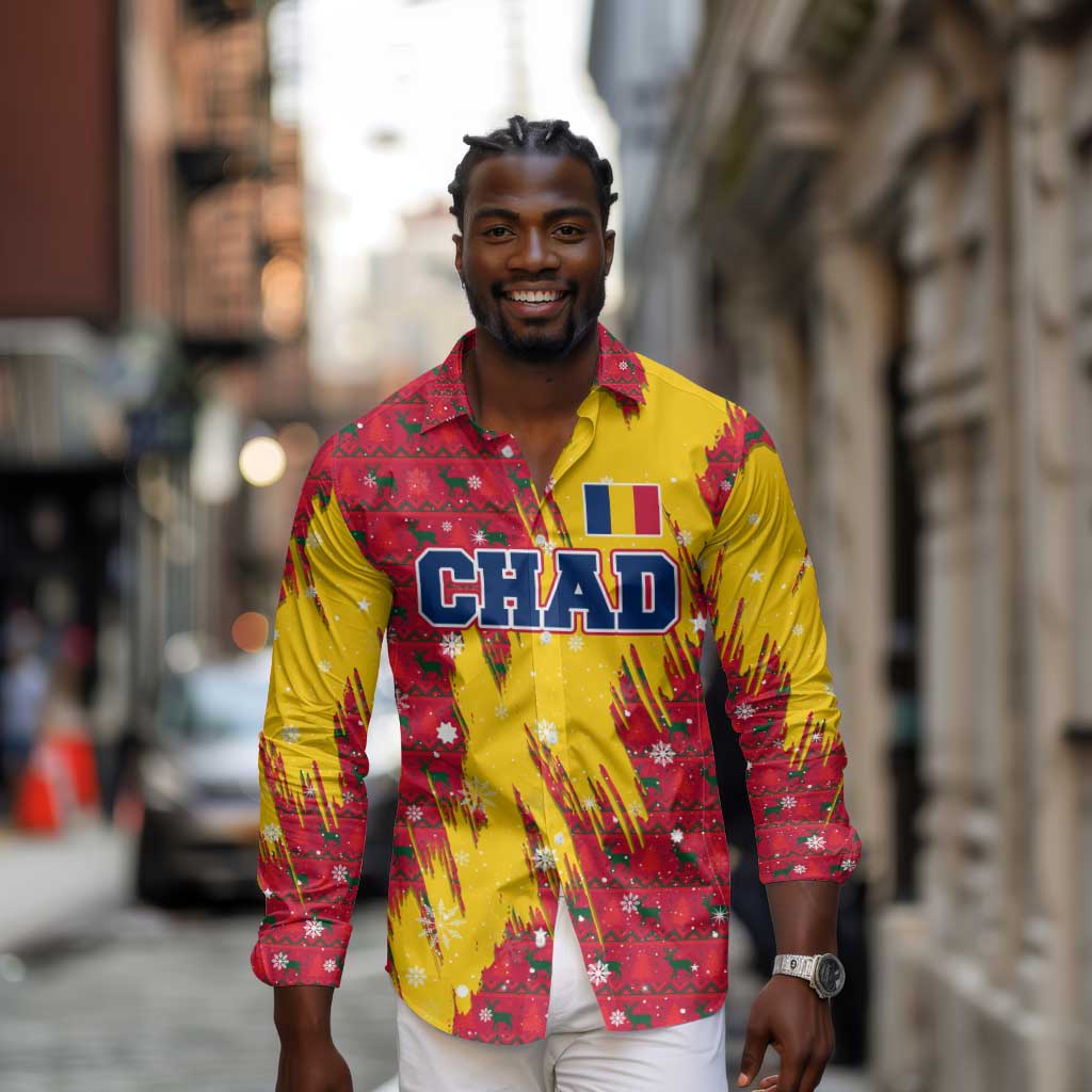 Chad Christmas Long Sleeve Button Shirt National Coat of Arms and Snowflake Accents - African Pride