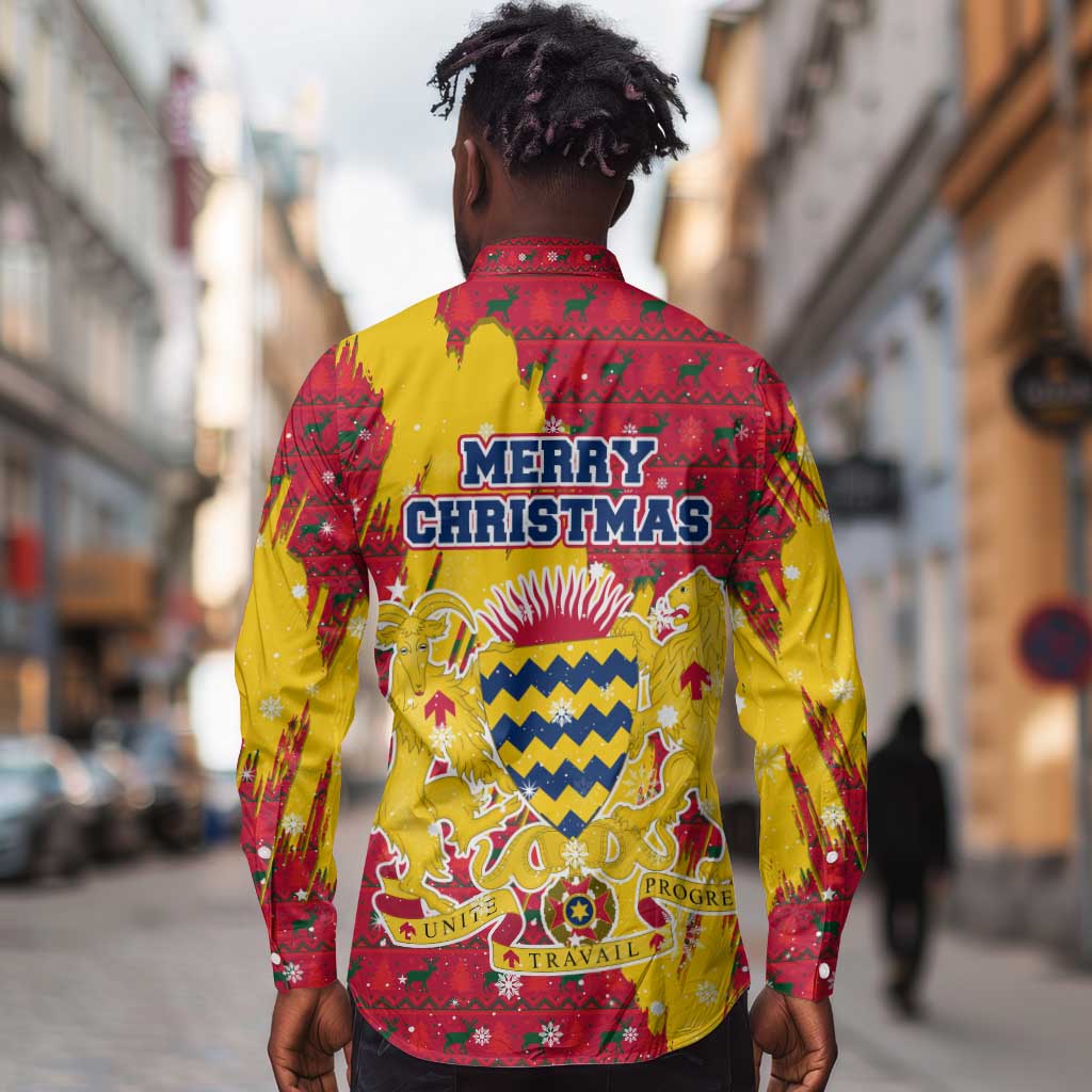 Chad Christmas Long Sleeve Button Shirt National Coat of Arms and Snowflake Accents - African Pride