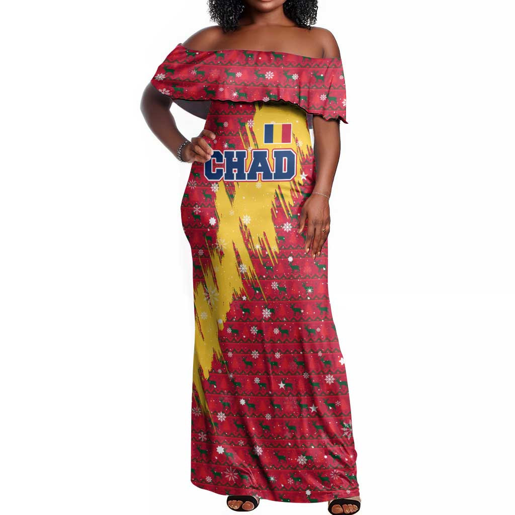 Chad Christmas Off Shoulder Maxi Dress National Coat of Arms and Snowflake Accents - African Pride