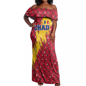 Chad Christmas Off Shoulder Maxi Dress National Coat of Arms and Snowflake Accents - African Pride