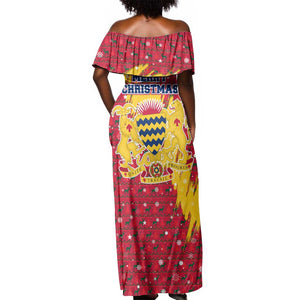 Chad Christmas Off Shoulder Maxi Dress National Coat of Arms and Snowflake Accents - African Pride
