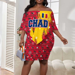 Chad Christmas Off Shoulder Short Dress National Coat of Arms and Snowflake Accents - African Pride