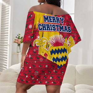 Chad Christmas Off Shoulder Short Dress National Coat of Arms and Snowflake Accents - African Pride