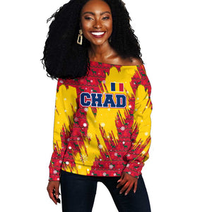 Chad Christmas Off Shoulder Sweater National Coat of Arms and Snowflake Accents - African Pride