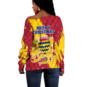 Chad Christmas Off Shoulder Sweater National Coat of Arms and Snowflake Accents - African Pride