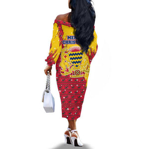 Chad Christmas Off The Shoulder Long Sleeve Dress National Coat of Arms and Snowflake Accents - African Pride