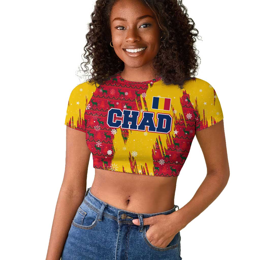 Chad Christmas Raglan Cropped T shirt National Coat of Arms and Snowflake Accents - African Pride