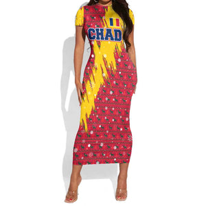 Chad Christmas Short Sleeve Bodycon Dress National Coat of Arms and Snowflake Accents - African Pride