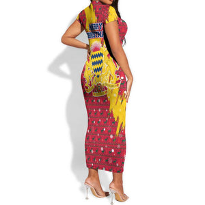 Chad Christmas Short Sleeve Bodycon Dress National Coat of Arms and Snowflake Accents - African Pride
