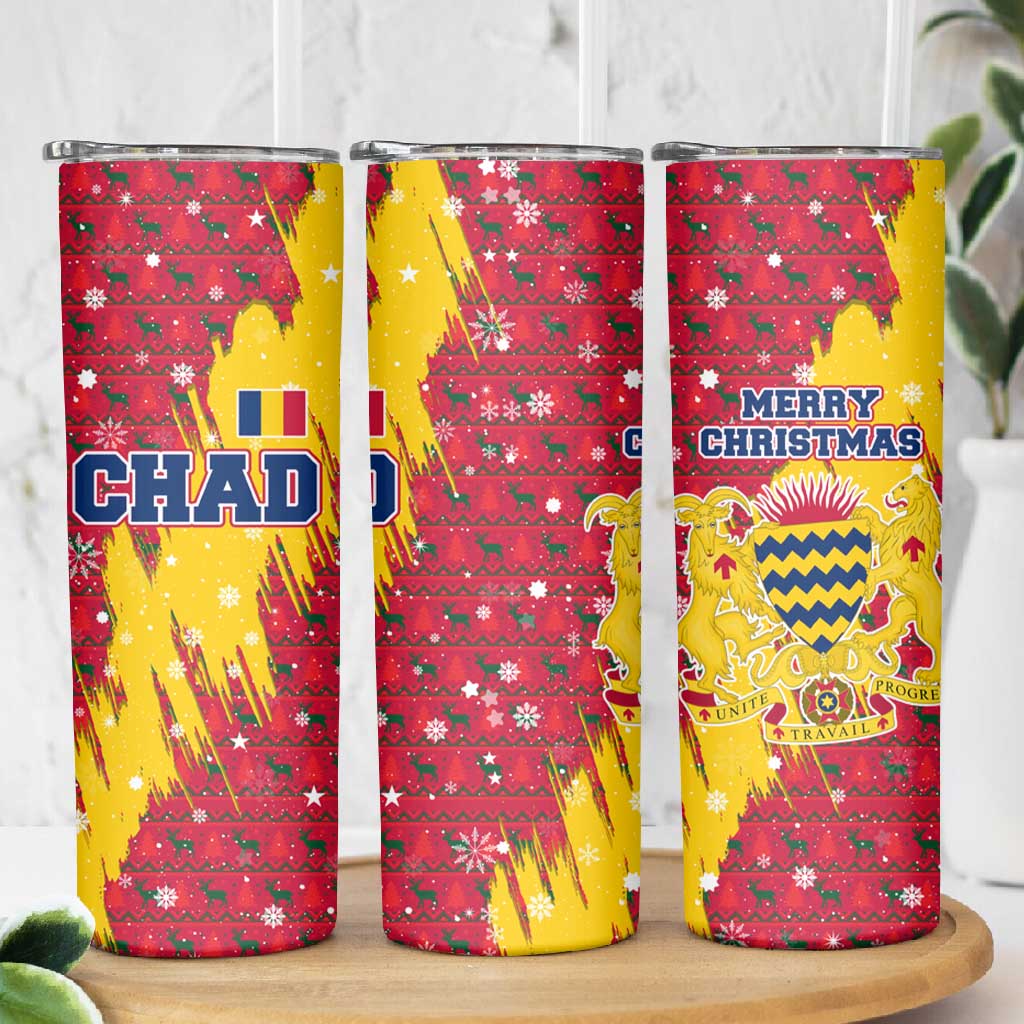 Chad Christmas Skinny Tumbler National Coat of Arms and Snowflake Accents - African Pride