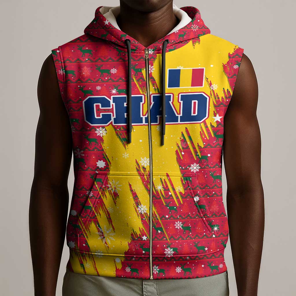 Chad Christmas Sleeveless Zip Hoodie National Coat of Arms and Snowflake Accents - African Pride