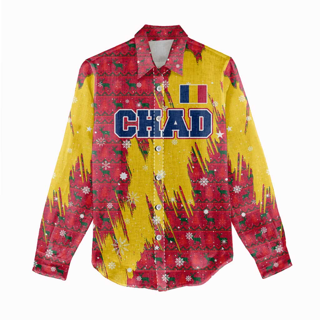 Chad Christmas Women Casual Shirt National Coat of Arms and Snowflake Accents - African Pride