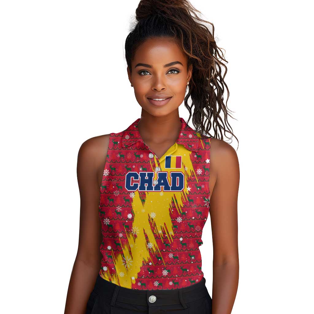 Chad Christmas Women Sleeveless Polo Shirt National Coat of Arms and Snowflake Accents - African Pride