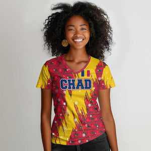 Chad Christmas Women V-Neck T-Shirt National Coat of Arms and Snowflake Accents - African Pride