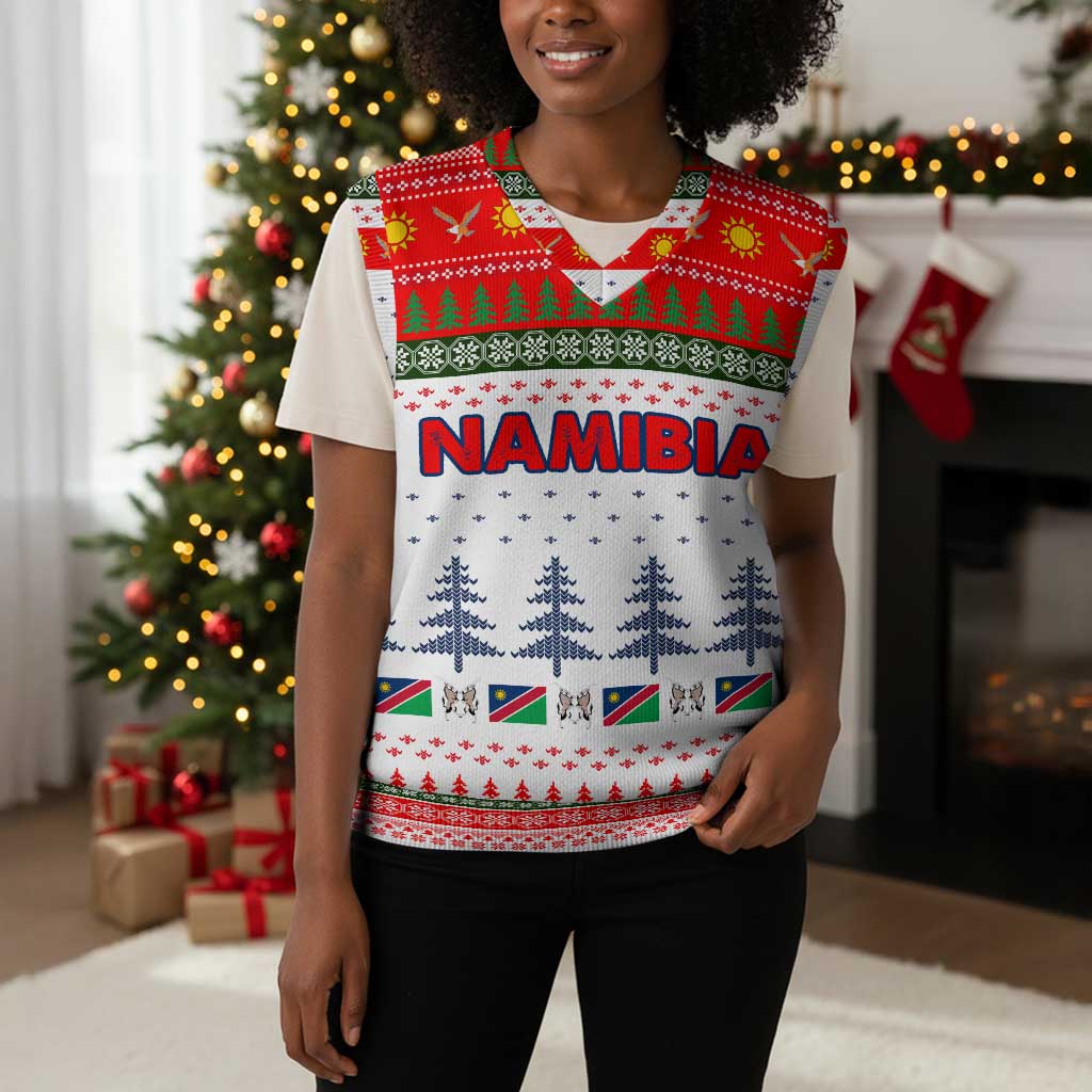Namibia Christmas Knitted V-Neck Vest Coat of Arm National Flag Motif - African Pride