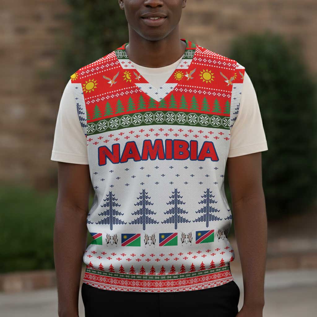 Namibia Christmas Knitted V-Neck Vest Coat of Arm National Flag Motif - African Pride