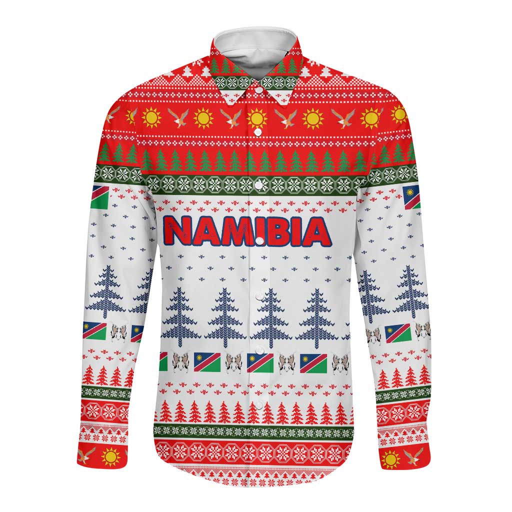 Namibia Christmas Long Sleeve Button Shirt Coat of Arm National Flag Motif - African Pride