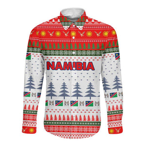 Namibia Christmas Long Sleeve Button Shirt Coat of Arm National Flag Motif - African Pride