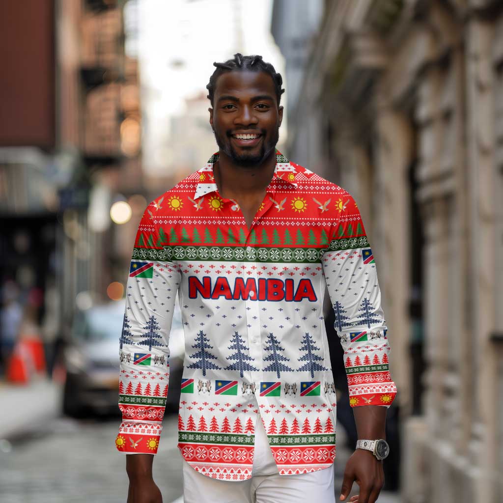 Namibia Christmas Long Sleeve Button Shirt Coat of Arm National Flag Motif - African Pride