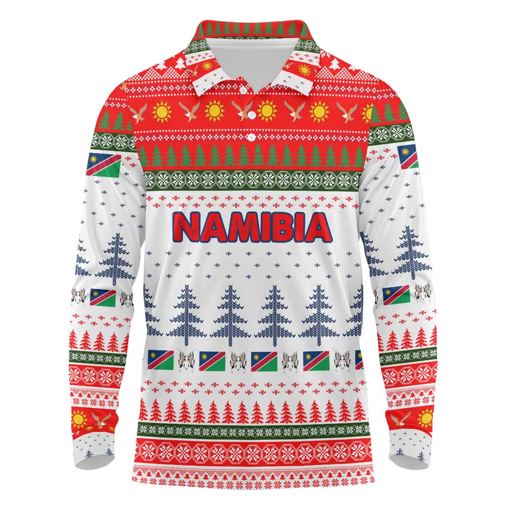 Namibia Christmas Long Sleeve Polo Shirt Coat of Arm National Flag Motif - African Pride