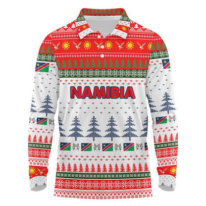Namibia Christmas Long Sleeve Polo Shirt Coat of Arm National Flag Motif - African Pride