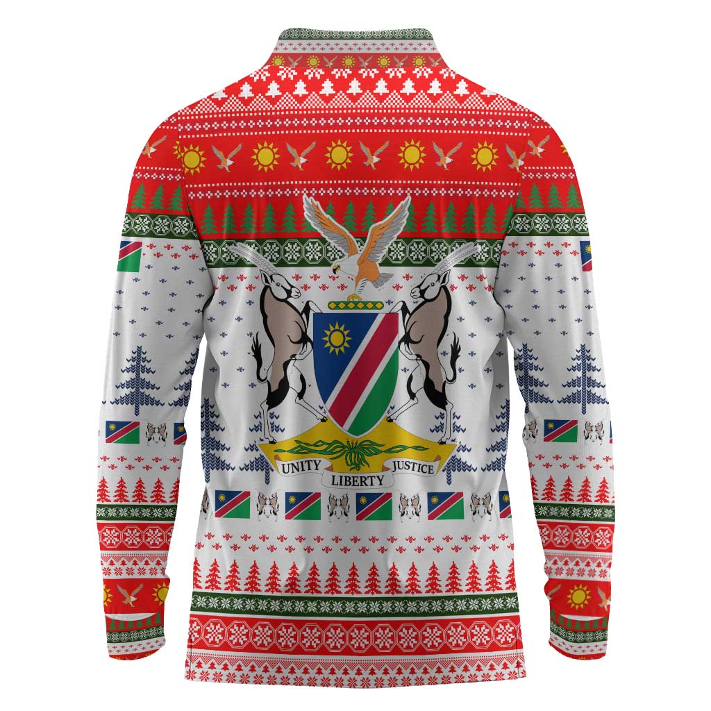 Namibia Christmas Long Sleeve Polo Shirt Coat of Arm National Flag Motif - African Pride