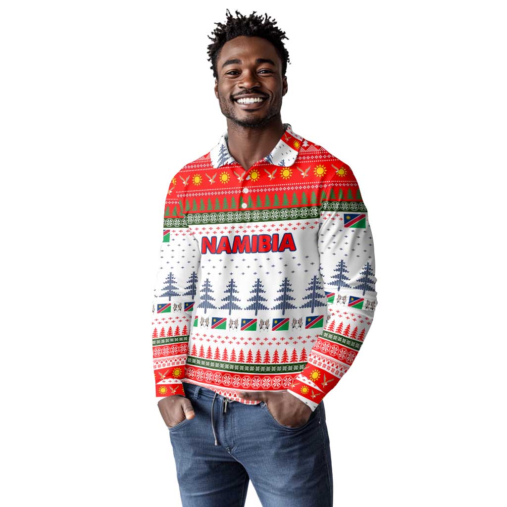 Namibia Christmas Long Sleeve Polo Shirt Coat of Arm National Flag Motif - African Pride