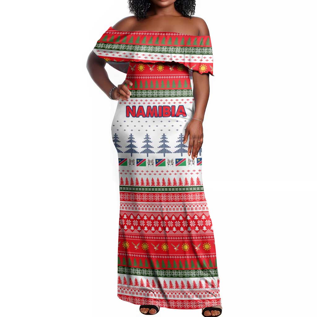 Namibia Christmas Off Shoulder Maxi Dress Coat of Arm National Flag Motif - African Pride